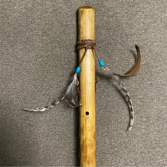 Vintage Hand Carved Wooden Flute with Leather Ties Feathers & Turquoise Beads - Picture 10 of 16